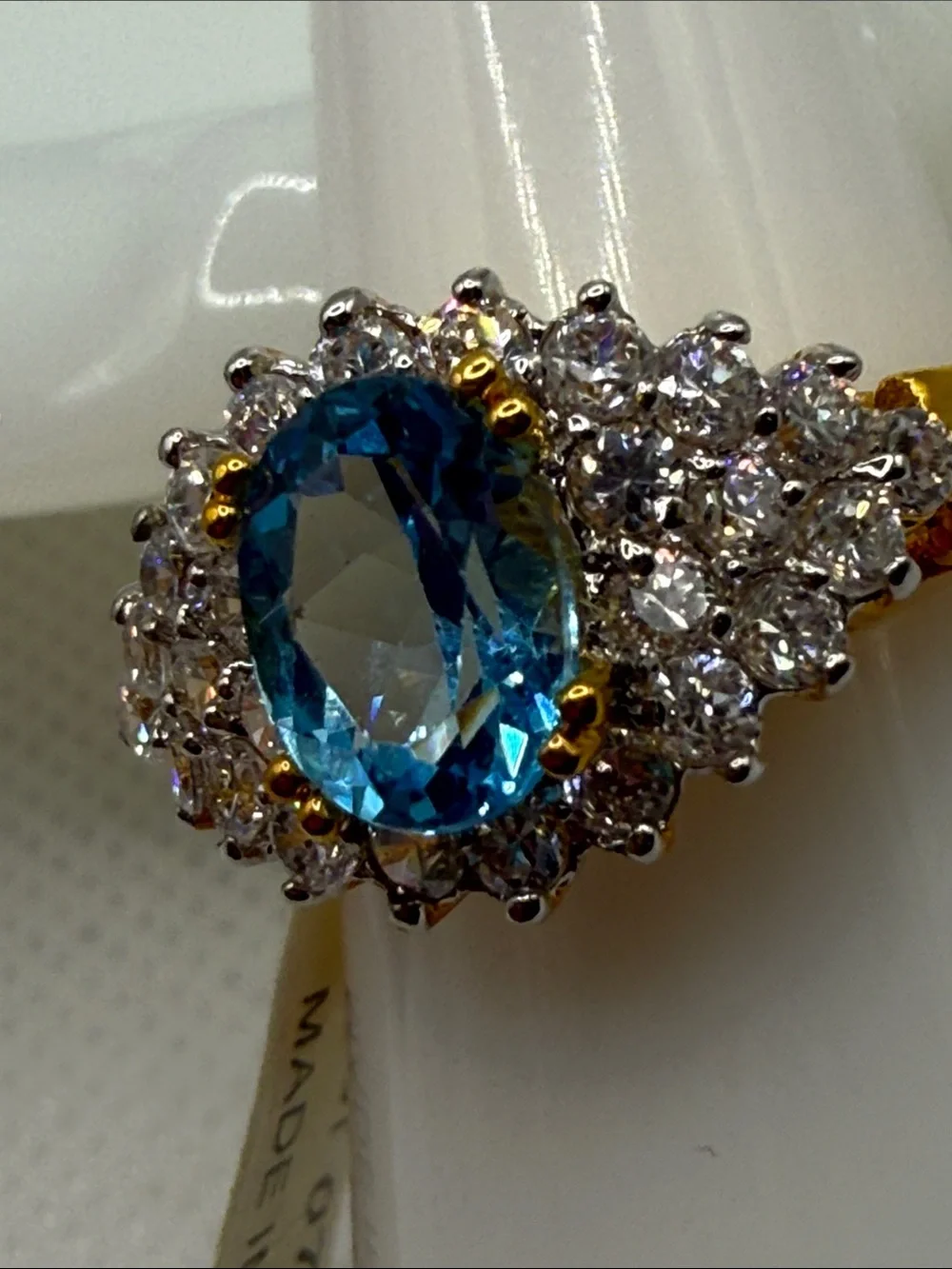 Vintage Blue Topaz Halo Cocktail Ring with Clear Accent CZ Stones plated piece